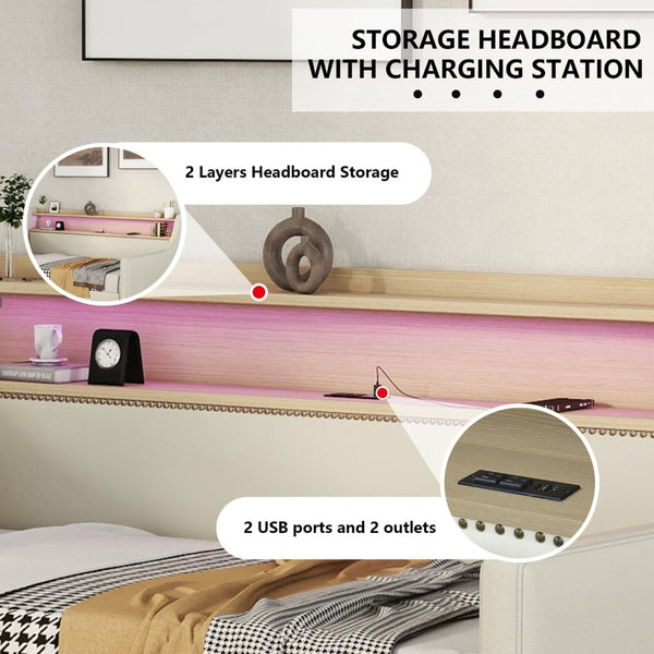 English Elm Twin Size Daybed With Storage Drawers, Led Lights & Charging Station – Stylish Beige Upholstered Design W1580S00022-GIGA