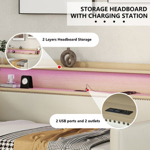 English Elm Twin Size Daybed With Storage Drawers, Charging Station & Led Lights - Stylish Beige Upholstered Design W1580S00033-GIGA