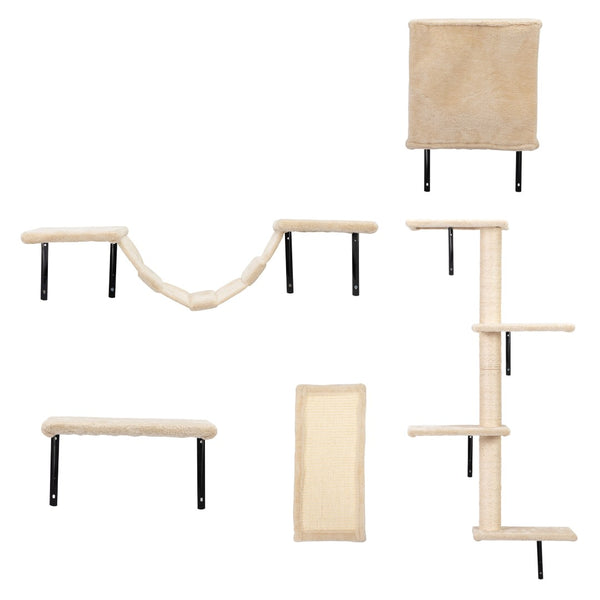English Elm 5 Piece Wall Mounted Cat Tree with Sisal Posts Flannel Condo Perches and Rope Bridge Beige W2181P144434