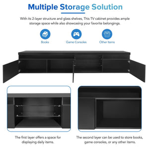 English Elm Unique Low Profile Media Console with Led Lighting Glass Shelves Fits Tvs to 105 Black N721S000057B