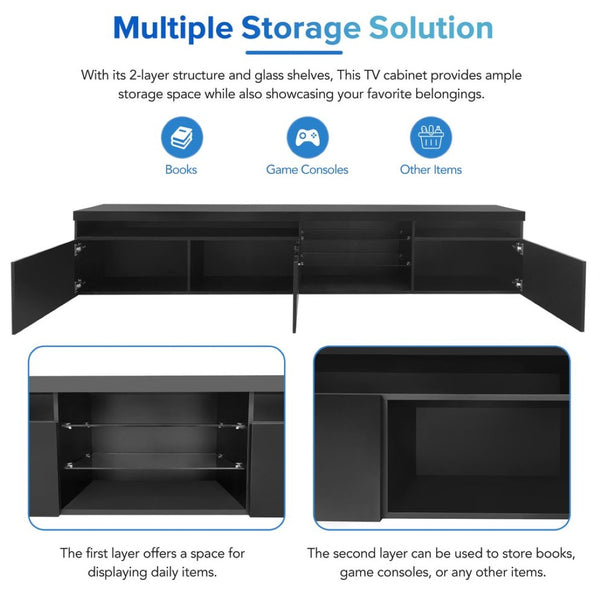 English Elm Unique Low Profile Media Console with Led Lighting Glass Shelves Fits Tvs to 105 Black N721S000057B