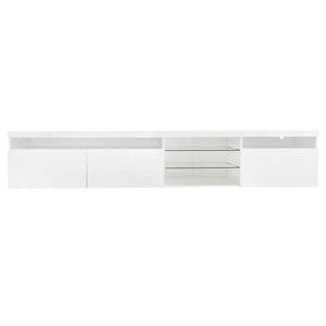English Elm Unique Low Profile Media Console with Led Lighting Glass Shelves Fits Tvs to 105 White WF314584AAK