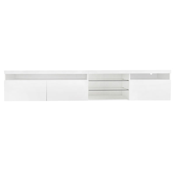 English Elm Unique Low Profile Media Console with Led Lighting Glass Shelves Fits Tvs to 105 White WF314584AAK