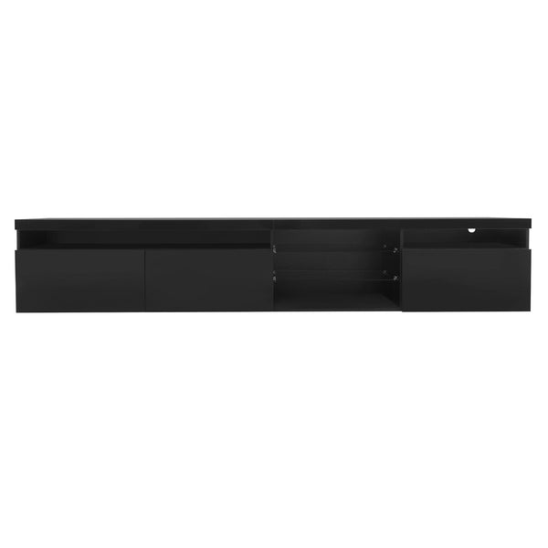 English Elm Unique Low Profile Media Console with Led Lighting Glass Shelves Fits Tvs to 105 Black N721S000057B