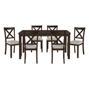 English Elm Dark Cherry 7pc Dining Set - Transitional Acacia Veneer Table with X-Back Beige Upholstered Chairs, Seats 6 B011P144388