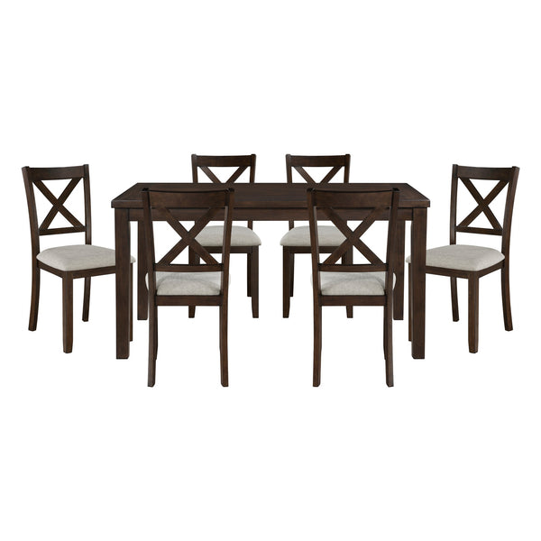English Elm Dark Cherry 7pc Dining Set - Transitional Acacia Veneer Table with X-Back Beige Upholstered Chairs, Seats 6 B011P144388