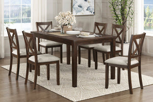 English Elm Dark Cherry 7pc Dining Set - Transitional Acacia Veneer Table with X-Back Beige Upholstered Chairs, Seats 6 B011P144388