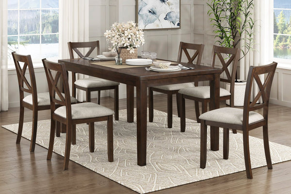 English Elm Dark Cherry 7pc Dining Set - Transitional Acacia Veneer Table with X-Back Beige Upholstered Chairs, Seats 6 B011P144388