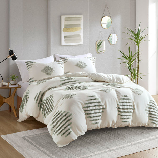 English Elm King/Cal Green+Ivory 3-Piece Cotton Blend Chenille Duvet Cover Set – Tufted Texture, OEKO-TEX Safe, Button Closure B035P148277