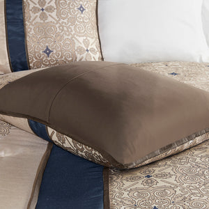 English Elm Cal King Madison Park Donovan 7-Piece Jacquard Comforter Set in Navy Taupe Ivory Brown with Embroidered Medallions and Decorative Pillows B03596995