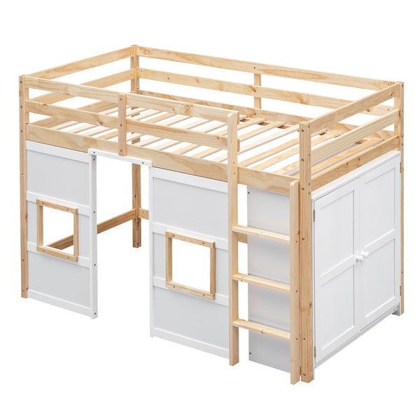 English Elm Wood Twin Loft Bed with Built-In Wardrobe, Play Space Below, Sturdy Pine & MDF Frame, Safe Design Natural+White GX000443AAK