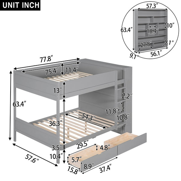 English Elm Full Over Bunk Bed with Built-in Drawers Cabinet Pinewood Kids Bedroom Gray LT000769AAE
