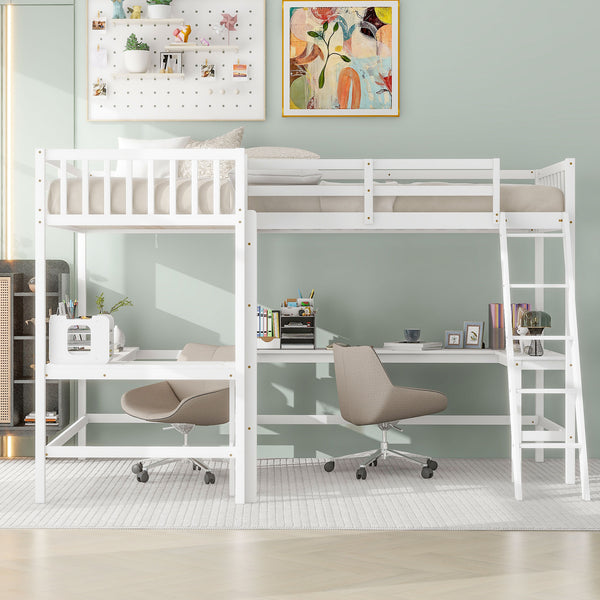 English Elm Wood Twin Loft Bed with Ladders and Dual Built-In L-Shaped Desks for Study & Sleepovers Perfect for Family Retreats White GX000444AAK