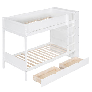 English Elm Twin Over Kids Bunk Bed Pinewood Frame with Built-in Drawers and Cabinet Storage White LT000768AAK