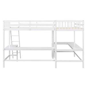 English Elm Wood Twin Loft Bed with Ladders and Dual Built-In L-Shaped Desks for Study & Sleepovers Perfect for Family Retreats White GX000444AAK