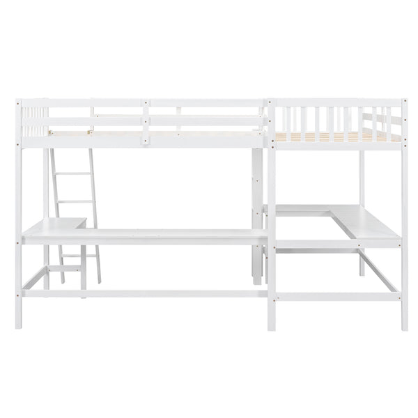 English Elm Wood Twin Loft Bed with Ladders and Dual Built-In L-Shaped Desks for Study & Sleepovers Perfect for Family Retreats White GX000444AAK