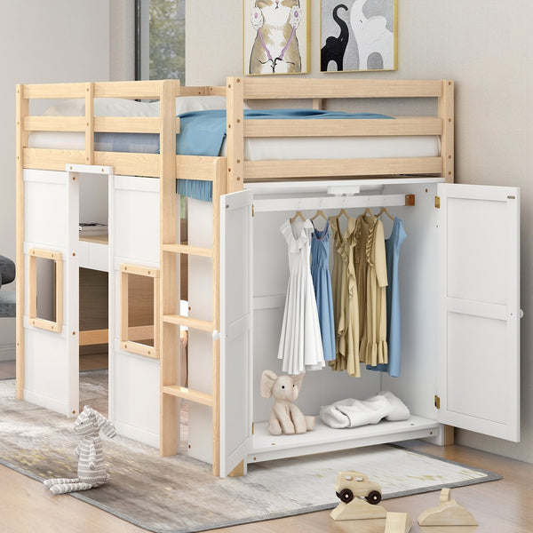 English Elm Wood Twin Loft Bed with Built-In Wardrobe, Play Space Below, Sturdy Pine & MDF Frame, Safe Design Natural+White GX000443AAK