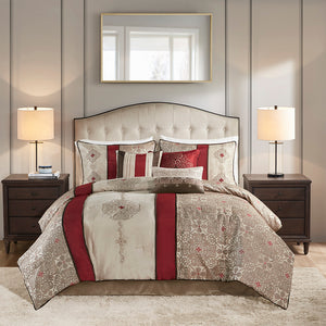 English Elm Queen Donovan Red Jacquard 7-Piece Comforter Set with Embroidered Taupe Accents, Shams & Pillows B03597220