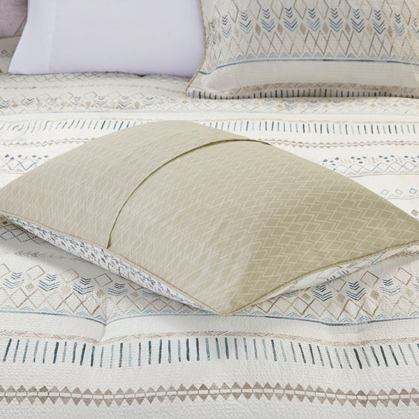 English Elm 5 Piece Printed Seersucker Comforter Set with Tassel Pillows, Reversible Antimicrobial Farmhouse Chic Taupe+Blue 18.11 L x 23.23 W x 10.63 H B035128860