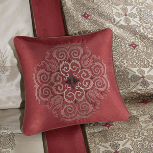 English Elm King Donovan 7-Piece Red Jacquard Comforter Set with Embroidered Taupe Accents, Pillows & Bedskirt B03597222