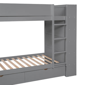 English Elm Twin Over Kids Bunk Bed Pinewood Frame with Built-in Drawers and Cabinet Storage Gray LT000768AAE