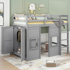 English Elm Wood Twin Loft Bed with Built-In Wardrobe, Play Space Below, Sturdy Pine & MDF Frame, Safe Design Gray GX000443AAE