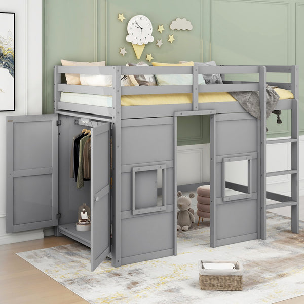 English Elm Wood Twin Loft Bed with Built-In Wardrobe, Play Space Below, Sturdy Pine & MDF Frame, Safe Design Gray GX000443AAE