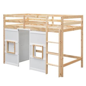English Elm Wood Twin Loft Bed with Built-In Wardrobe, Play Space Below, Sturdy Pine & MDF Frame, Safe Design Natural+White GX000443AAK
