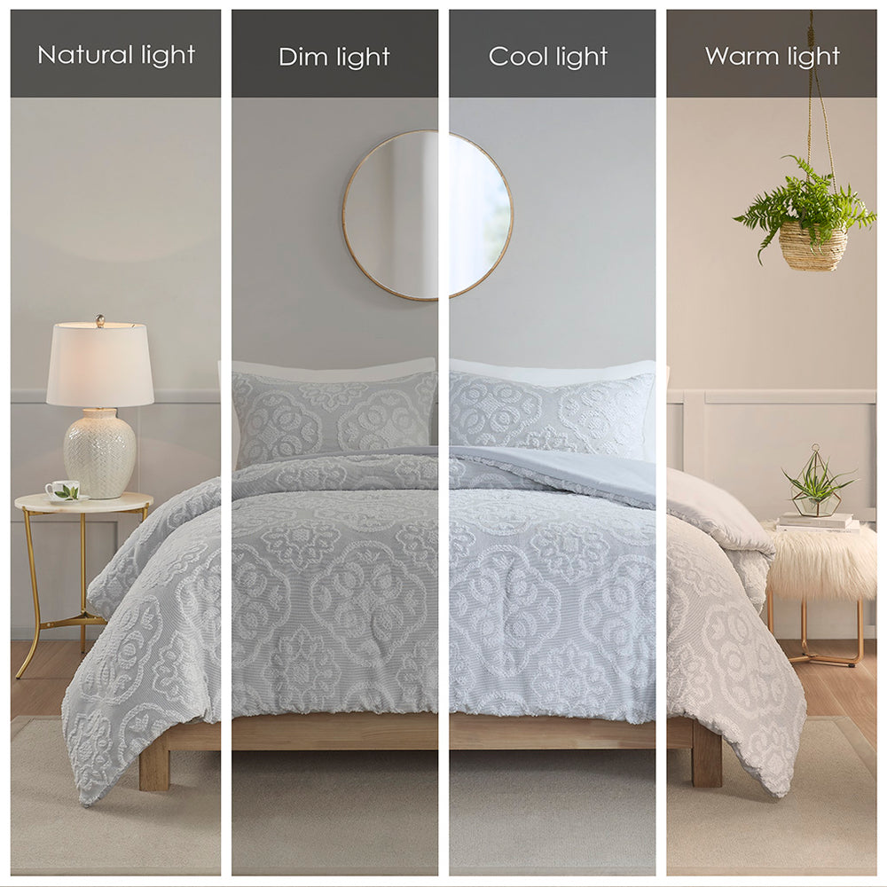 English Elm King/Cal Tufted Woven Medallion Duvet Cover Set - Shabby Chic Farmhouse Grey, Button Closure, 3pc B035129154