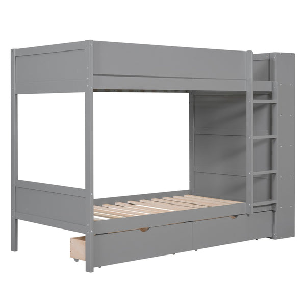 English Elm Twin Over Kids Bunk Bed Pinewood Frame with Built-in Drawers and Cabinet Storage Gray LT000768AAE