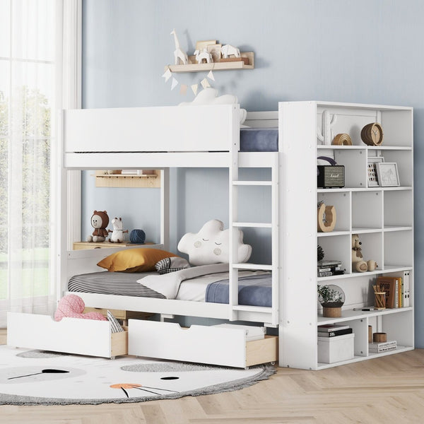 English Elm Twin Over Kids Bunk Bed Pinewood Frame with Built-in Drawers and Cabinet Storage White LT000768AAK