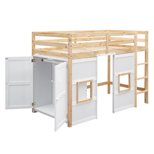 English Elm Wood Twin Loft Bed with Built-In Wardrobe, Play Space Below, Sturdy Pine & MDF Frame, Safe Design Natural+White GX000443AAK