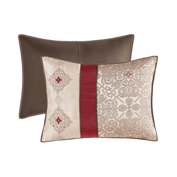 English Elm King Donovan 7-Piece Red Jacquard Comforter Set with Embroidered Taupe Accents, Pillows & Bedskirt B03597222