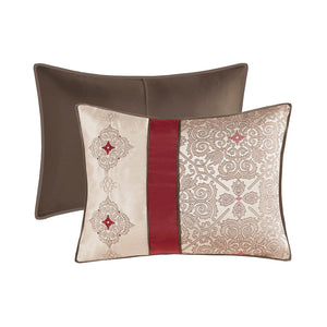 English Elm Queen Donovan Red Jacquard 7-Piece Comforter Set with Embroidered Taupe Accents, Shams & Pillows B03597220