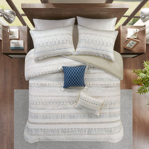 English Elm 5 Piece Printed Seersucker Comforter Set with Tassel Pillows, Reversible Antimicrobial Farmhouse Chic Taupe+Blue 18.11 L x 23.23 W x 10.63 H B035128860