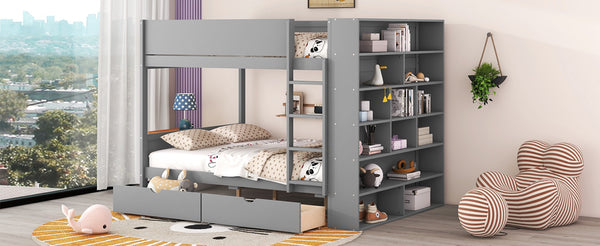 English Elm Full Over Bunk Bed with Built-in Drawers Cabinet Pinewood Kids Bedroom Gray LT000769AAE