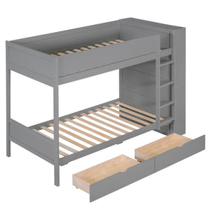 English Elm Twin Over Kids Bunk Bed Pinewood Frame with Built-in Drawers and Cabinet Storage Gray LT000768AAE