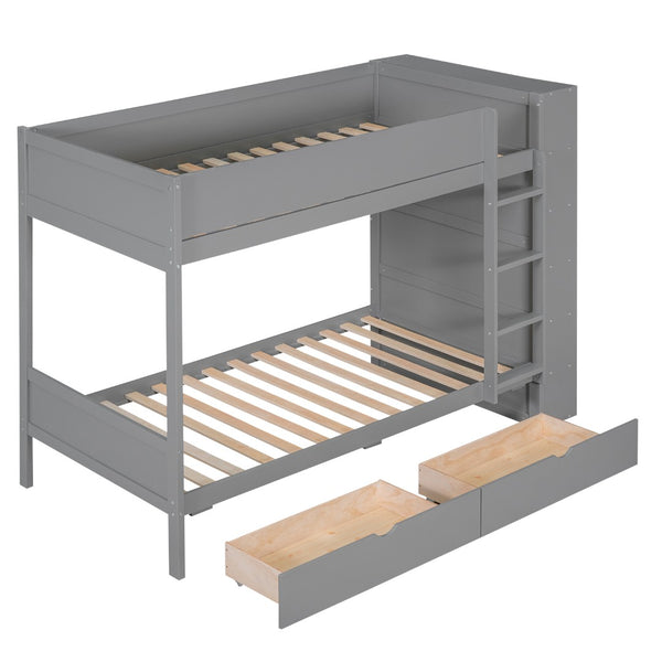English Elm Twin Over Kids Bunk Bed Pinewood Frame with Built-in Drawers and Cabinet Storage Gray LT000768AAE