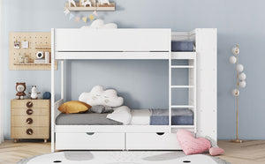 English Elm Twin Over Kids Bunk Bed Pinewood Frame with Built-in Drawers and Cabinet Storage White LT000768AAK