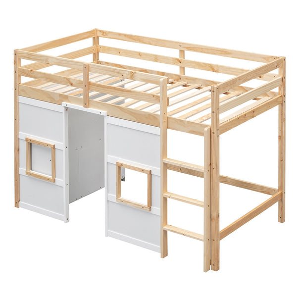 English Elm Wood Twin Loft Bed with Built-In Wardrobe, Play Space Below, Sturdy Pine & MDF Frame, Safe Design Natural+White GX000443AAK
