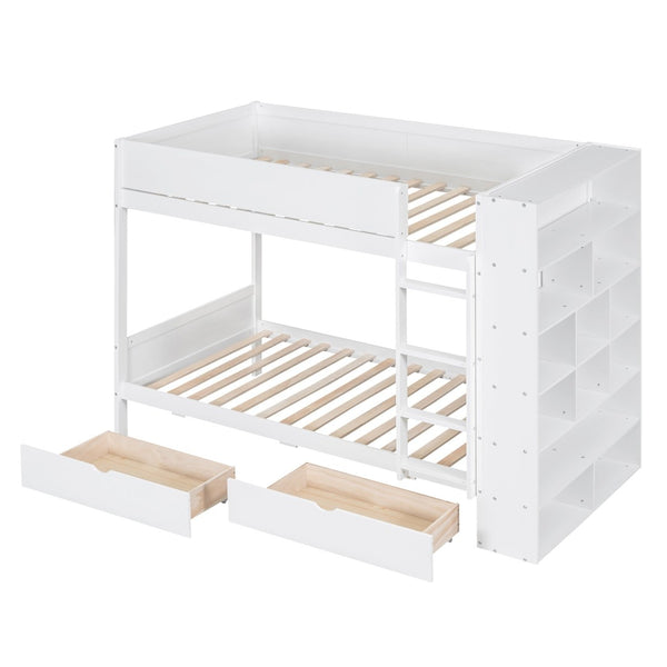 English Elm Twin Over Kids Bunk Bed Pinewood Frame with Built-in Drawers and Cabinet Storage White LT000768AAK