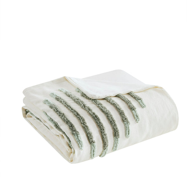 English Elm Full/Queen Cotton Blend Chenille Duvet Cover Set in Green+Ivory — Tufted Texture, OEKO-TEX Safe Finish B035P148278