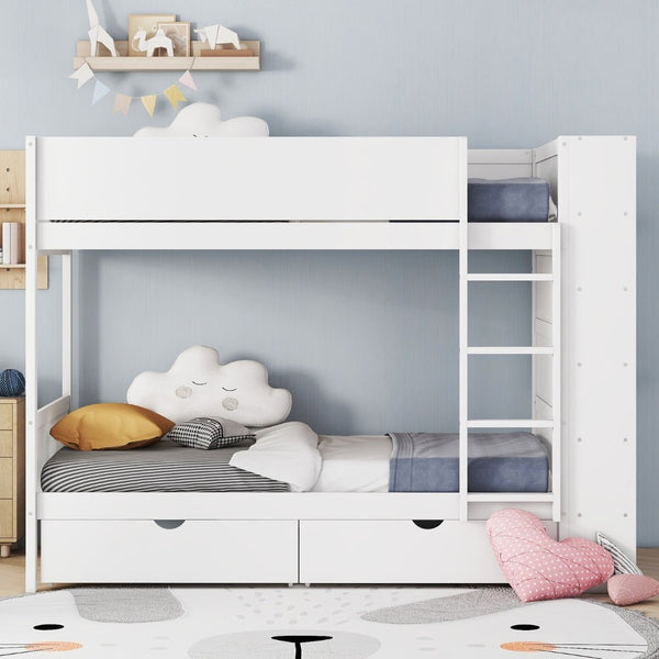 English Elm Twin Over Kids Bunk Bed Pinewood Frame with Built-in Drawers and Cabinet Storage White LT000768AAK