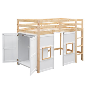 English Elm Wood Twin Loft Bed with Built-In Wardrobe, Play Space Below, Sturdy Pine & MDF Frame, Safe Design Natural+White GX000443AAK