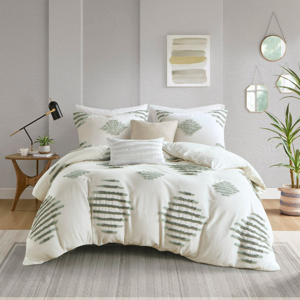 English Elm King/Cal Green+Ivory 3-Piece Cotton Blend Chenille Duvet Cover Set – Tufted Texture, OEKO-TEX Safe, Button Closure B035P148277