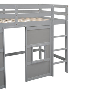 English Elm Wood Twin Loft Bed with Built-In Wardrobe, Play Space Below, Sturdy Pine & MDF Frame, Safe Design Gray GX000443AAE