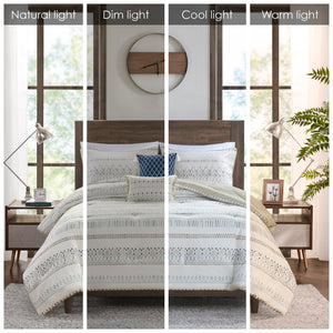 English Elm 5 Piece Printed Seersucker Comforter Set with Tassel Pillows, Reversible Antimicrobial Farmhouse Chic Taupe+Blue 18.11 L x 23.23 W x 10.63 H B035128860