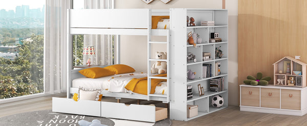 English Elm Full Over Bunk Bed with Built-in Drawers Cabinet Pinewood Kids Bedroom White LT000769AAK