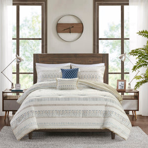 English Elm 5 Piece Printed Seersucker Comforter Set with Tassel Pillows, Reversible Antimicrobial Farmhouse Chic Taupe+Blue 18.11 L x 23.23 W x 10.63 H B035128860