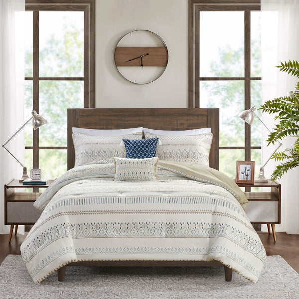 English Elm 5 Piece Printed Seersucker Comforter Set with Tassel Pillows, Reversible Antimicrobial Farmhouse Chic Taupe+Blue 18.11 L x 23.23 W x 10.63 H B035128860